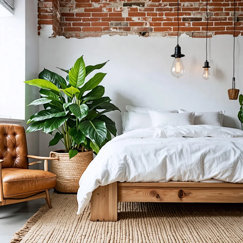 Dormitorio acogedor con plantas y detalles rústicos.