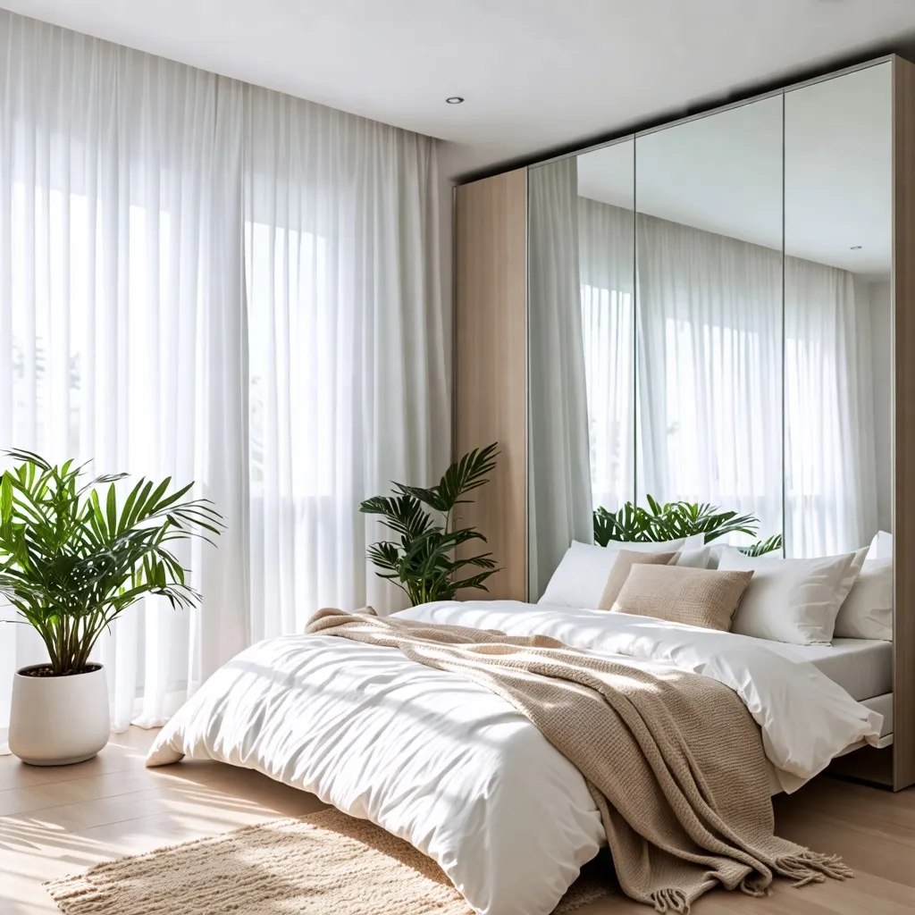 Dormitorio acogedor con plantas verdes y textiles neutros.