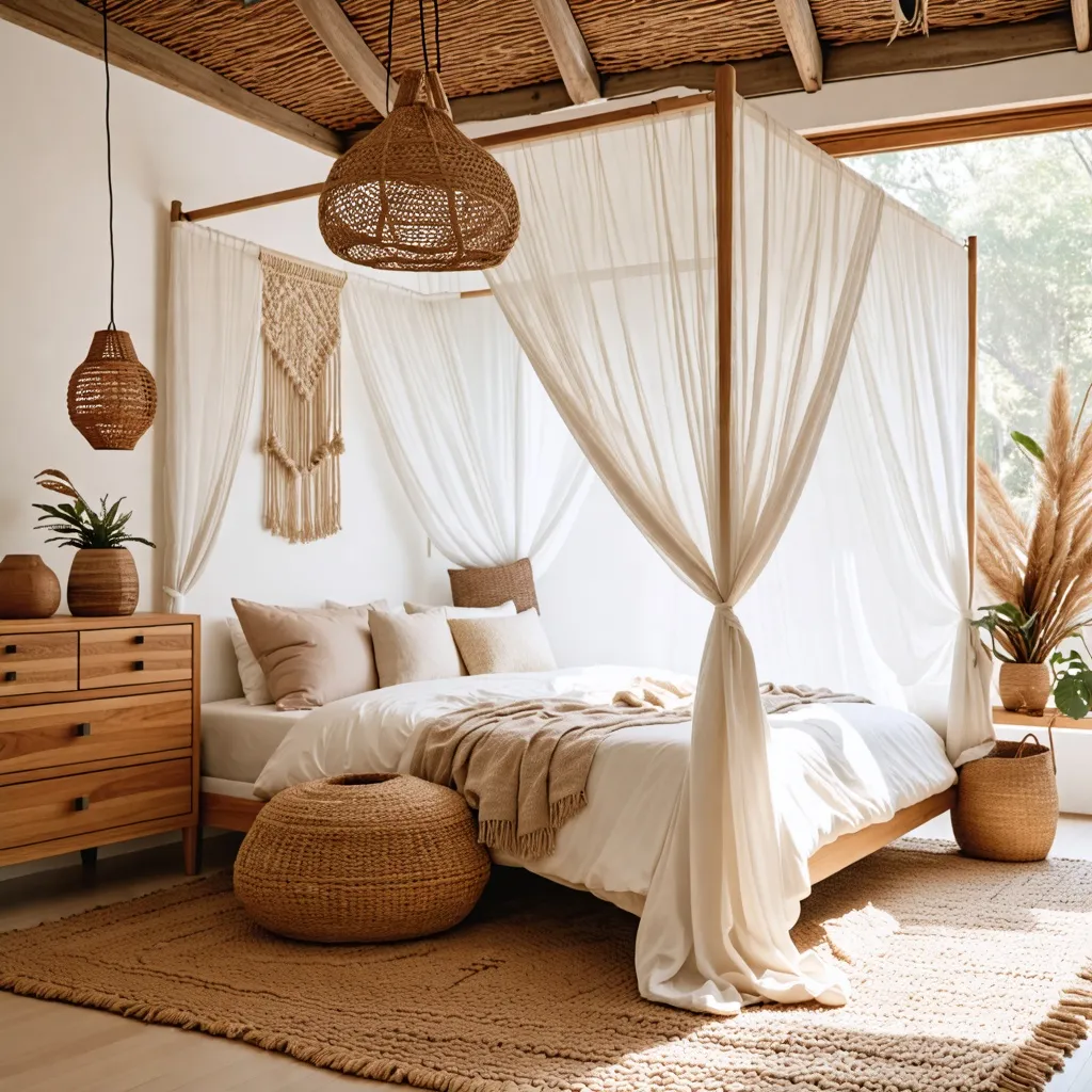 Dormitorio acogedor y rústico con detalles naturales y texturas cálidas.