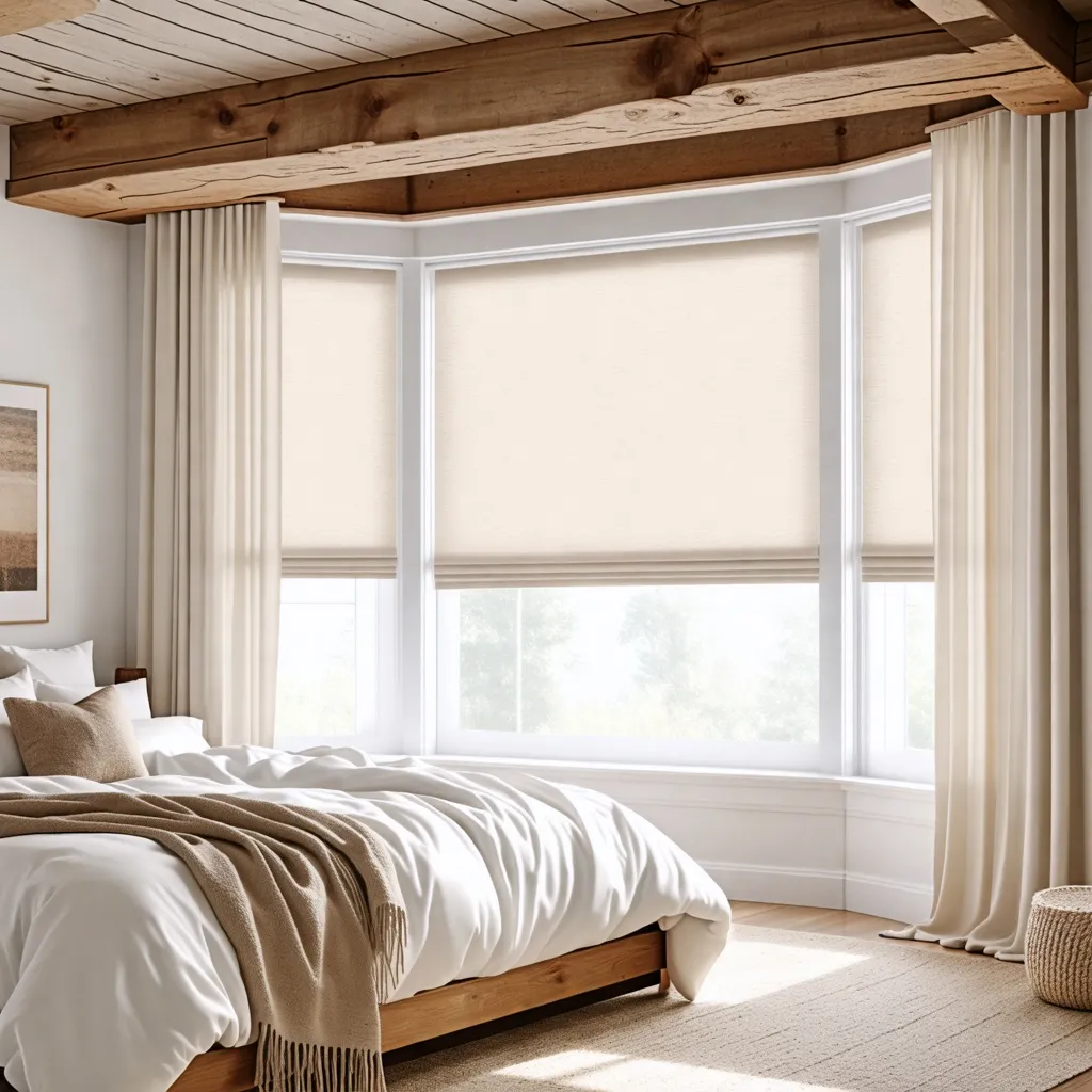 Dormitorio acogedor con ventanas panorámicas y detalles rústicos.