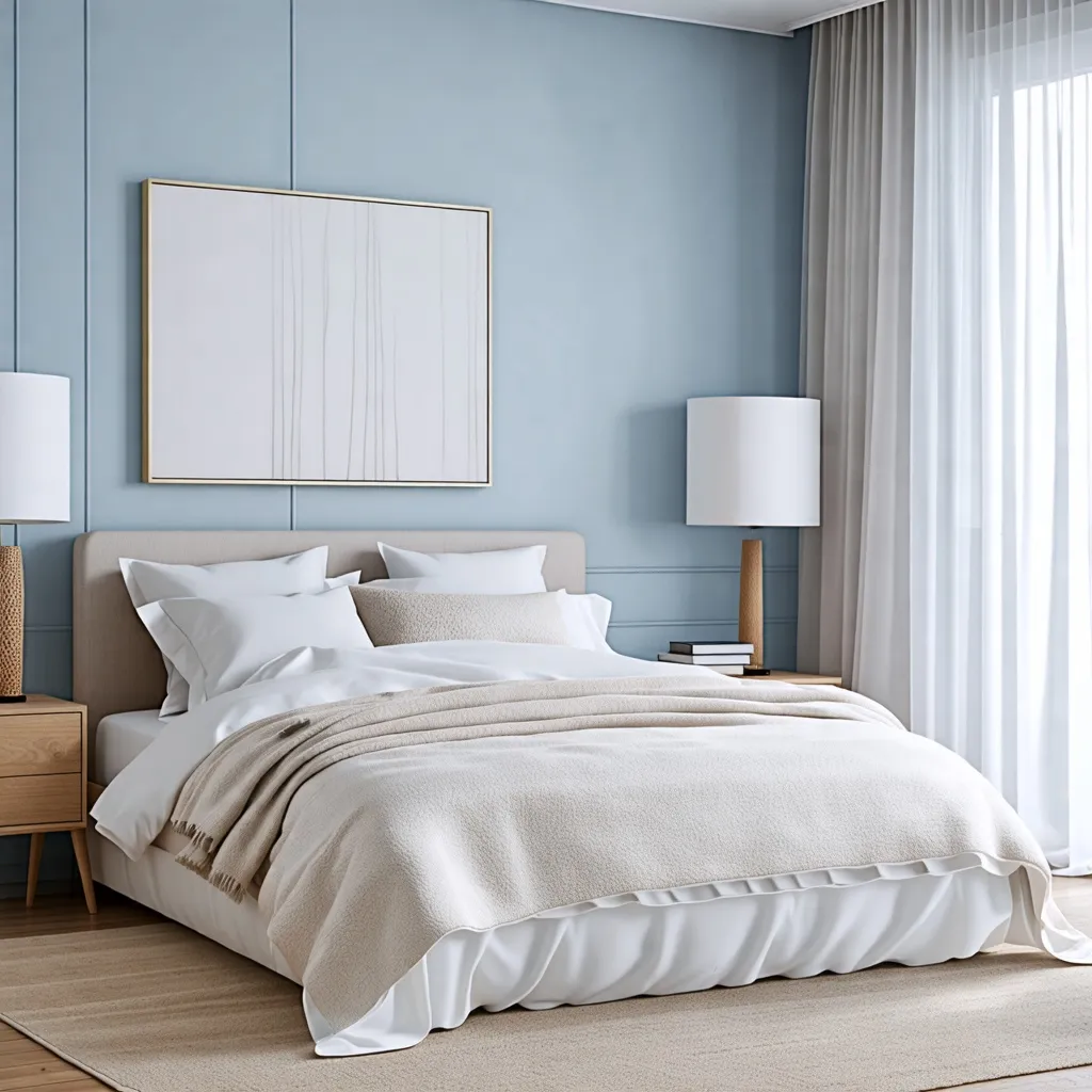 Dormitorio elegante y acogedor en tonos azules y beige.