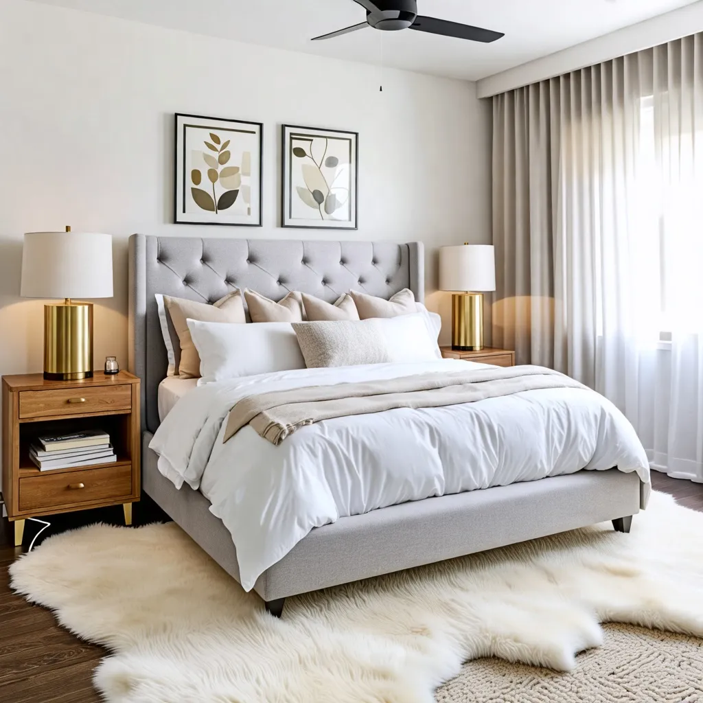 Dormitorio elegante y acogedor con detalles decorativos minimalistas.