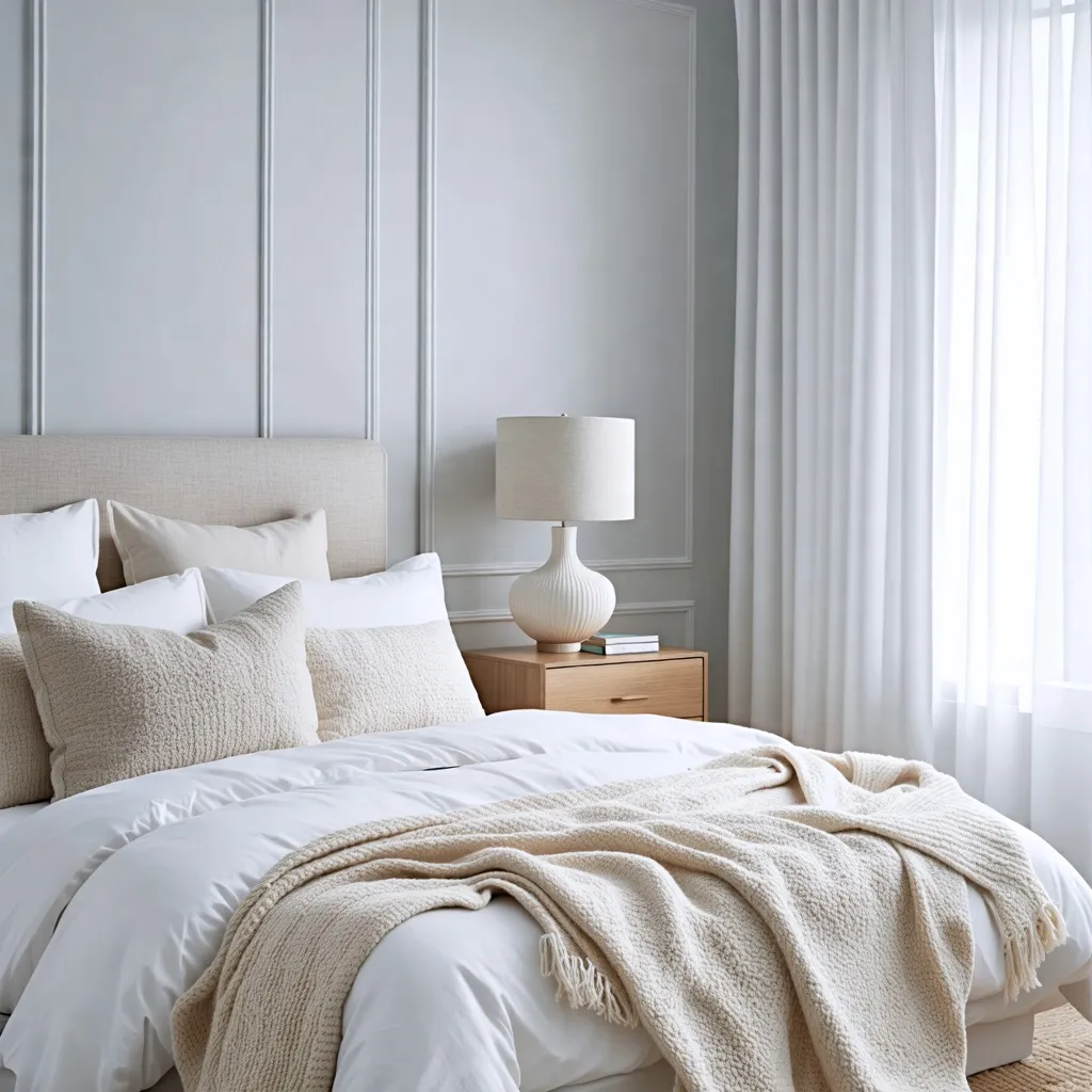 Dormitorio elegante y acogedor con detalles neutros y texturas suaves.