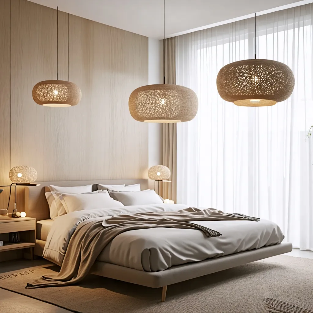 Dormitorio elegante y acogedor con iluminación cálida y moderna.