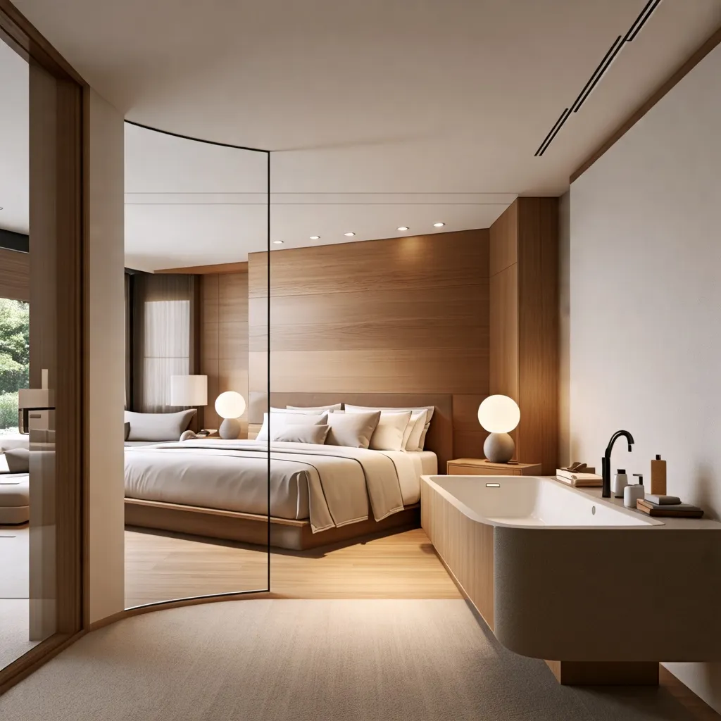 Dormitorio elegante y acogedor con detalles de madera y diseño minimalista.