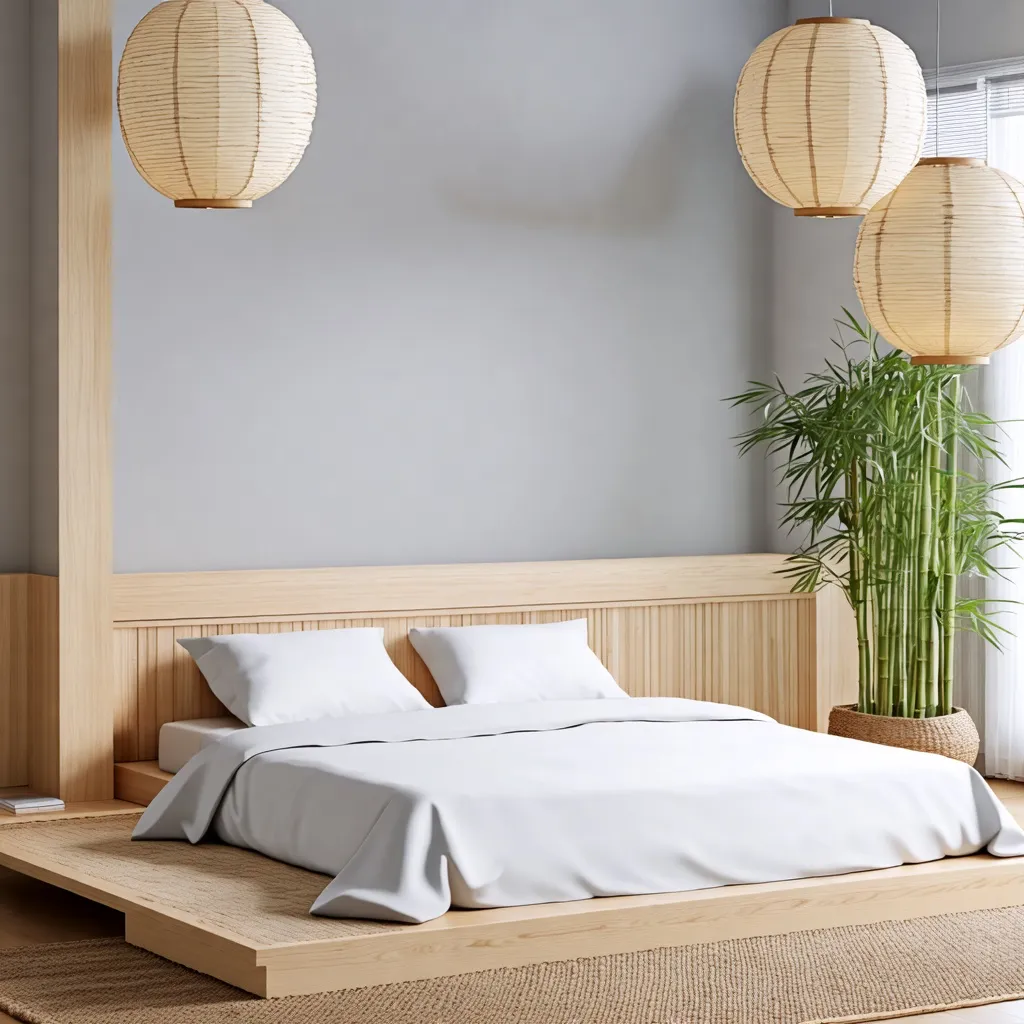 Dormitorio de estilo zen con lámparas de papel y plantas.