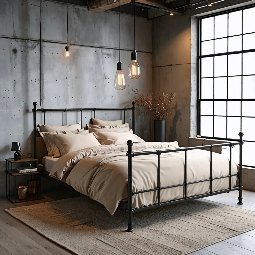 Dormitorio industrial elegante con iluminación cálida y detalles rústicos.