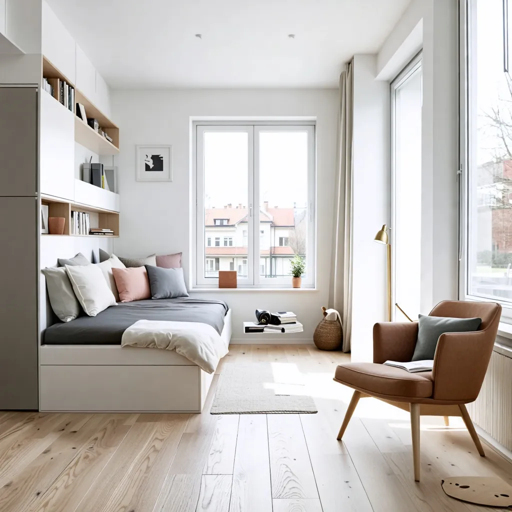 Dormitorio luminoso y acogedor con diseño minimalista y toques de color.