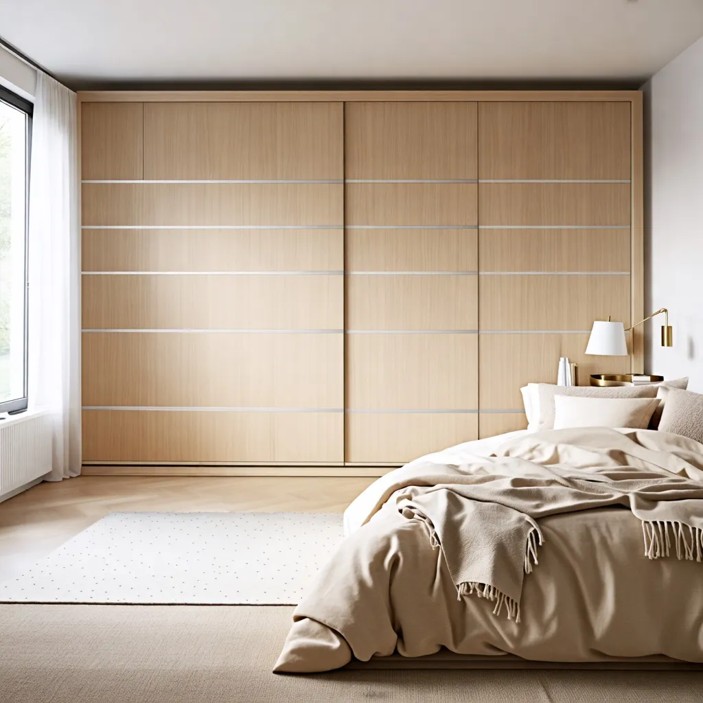 Dormitorio moderno y acogedor con armario de madera y detalles cálidos.