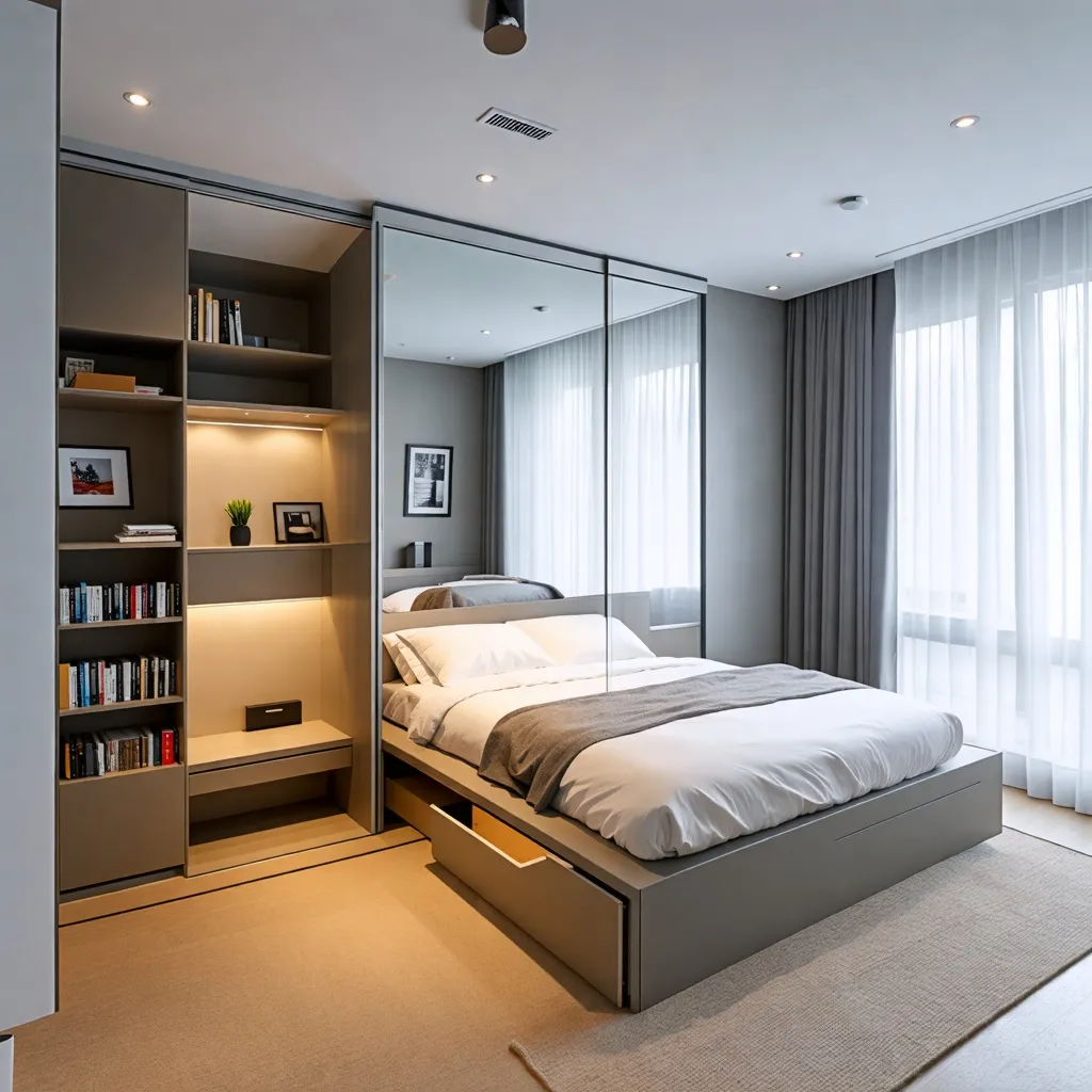 Dormitorio moderno y acogedor con estantería y cama con cajones.