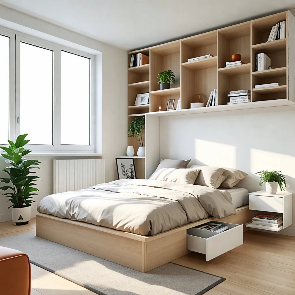 Dormitorio moderno y acogedor con estantería de madera y plantas.