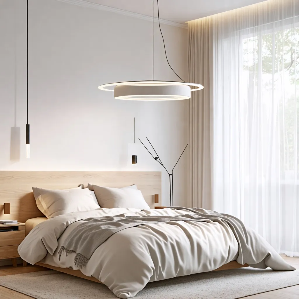 Dormitorio moderno y acogedor con iluminación cálida y elegante.