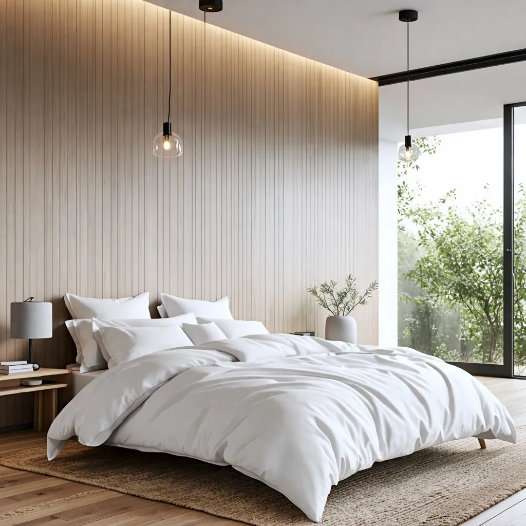 Dormitorio moderno y acogedor con iluminación cálida y vistas naturales.