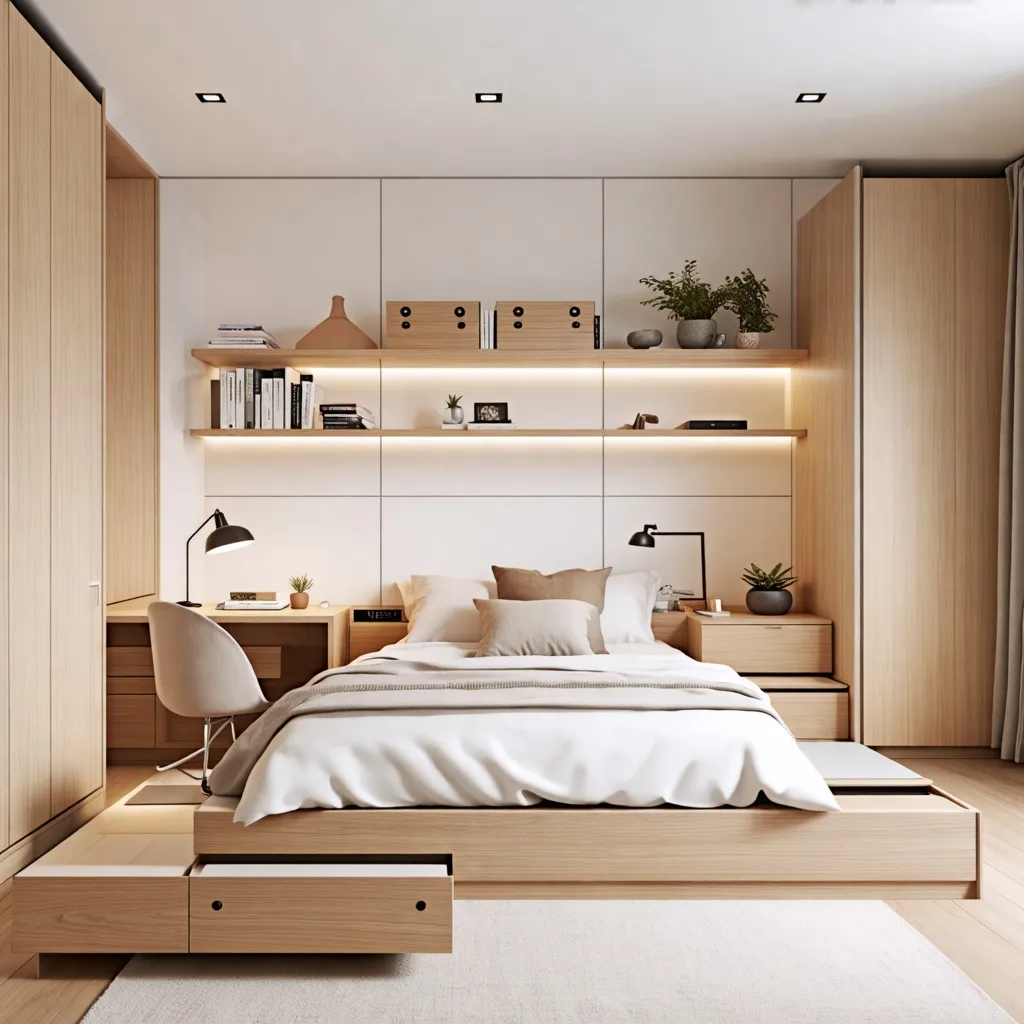 Dormitorio moderno y acogedor con detalles de madera y estantes.