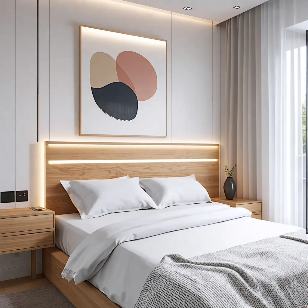Dormitorio moderno y acogedor con obra de arte abstracta.