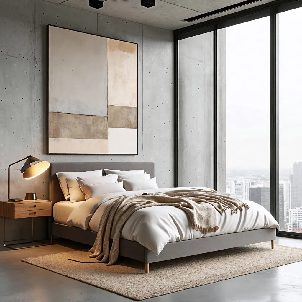 Dormitorio moderno y acogedor con vista panorámica de la ciudad