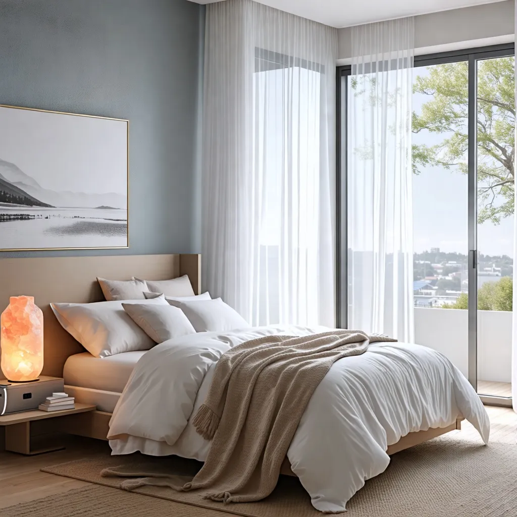 Dormitorio moderno y acogedor con vistas panorámicas.