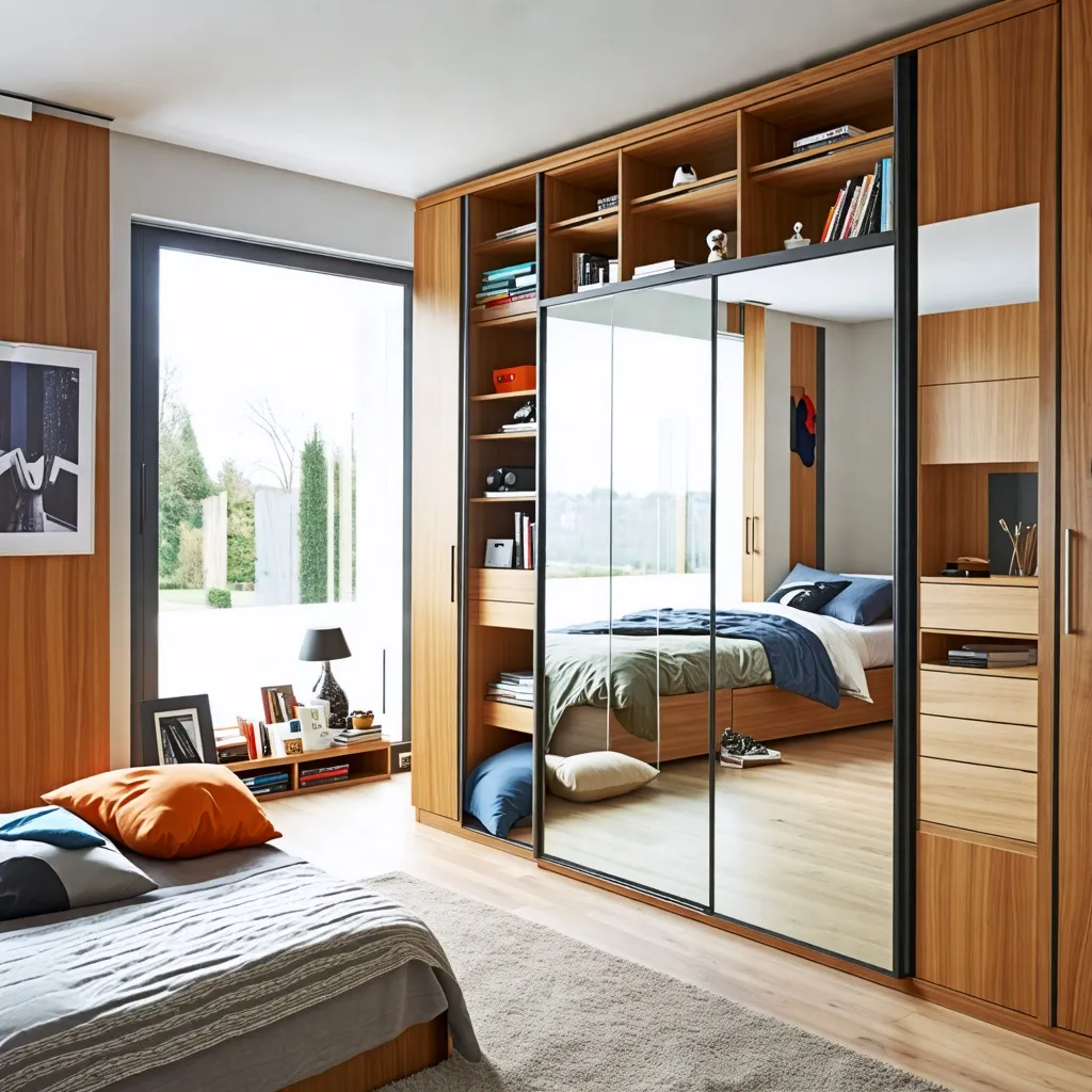 Dormitorio moderno con amplio armario y ventana panorámica.