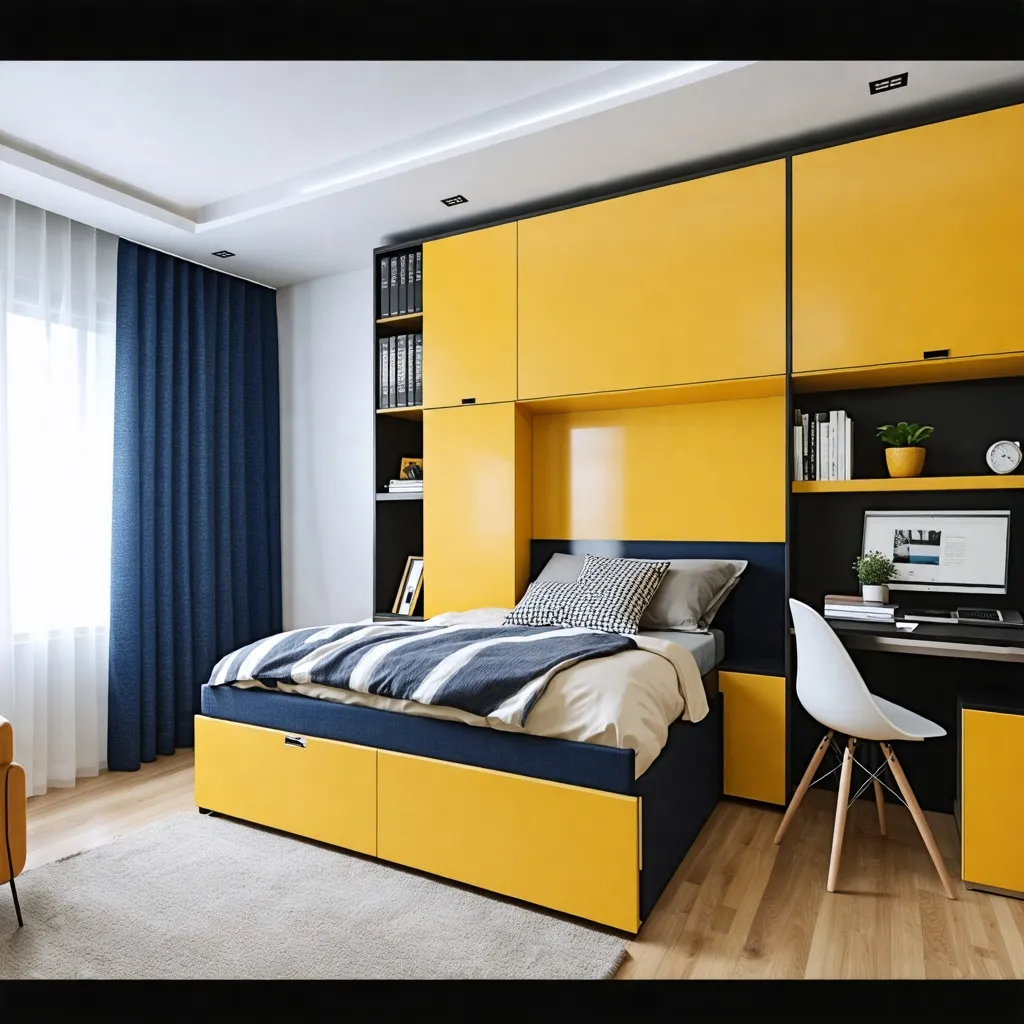 Dormitorio moderno y luminoso con diseño minimalista y tonos amarillos.