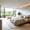 Dormitorio moderno y luminoso con vista a la naturaleza.