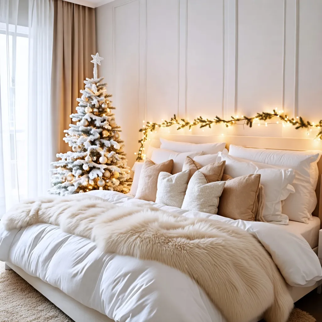 Dormitorio navideño acogedor y luminoso, decorado con árbol y guirnaldas.