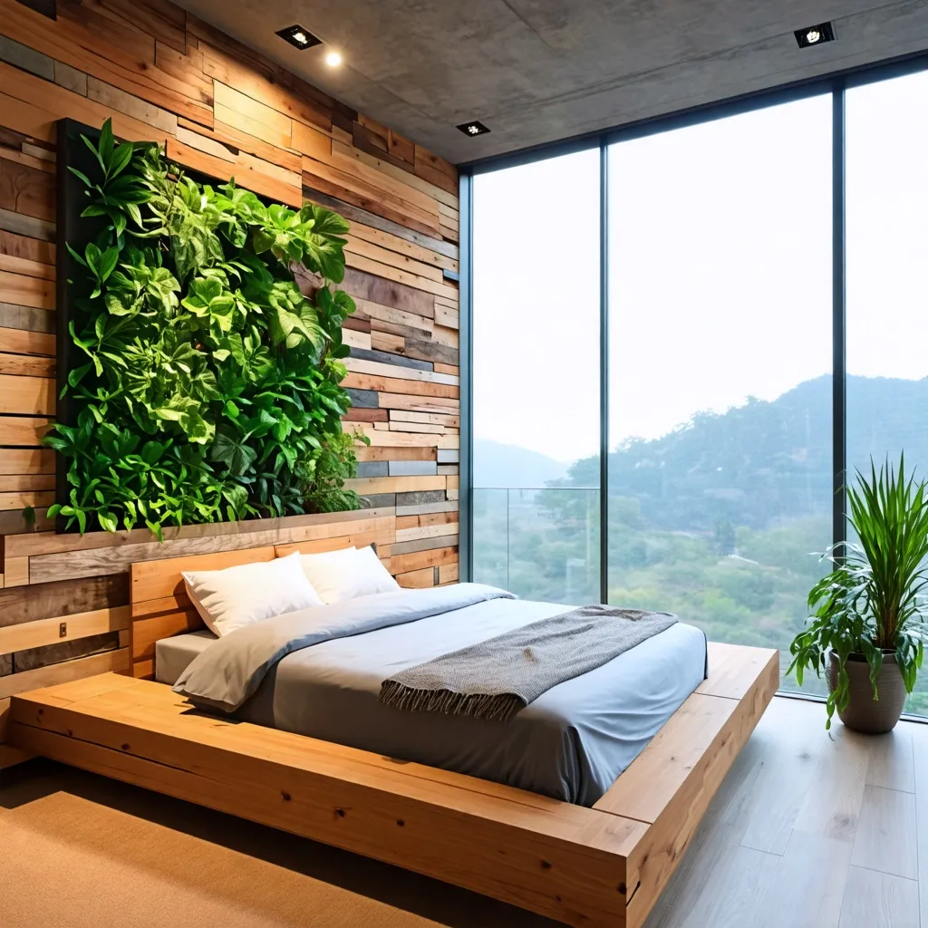 Dormitorio con pared verde y ventana panorámica.