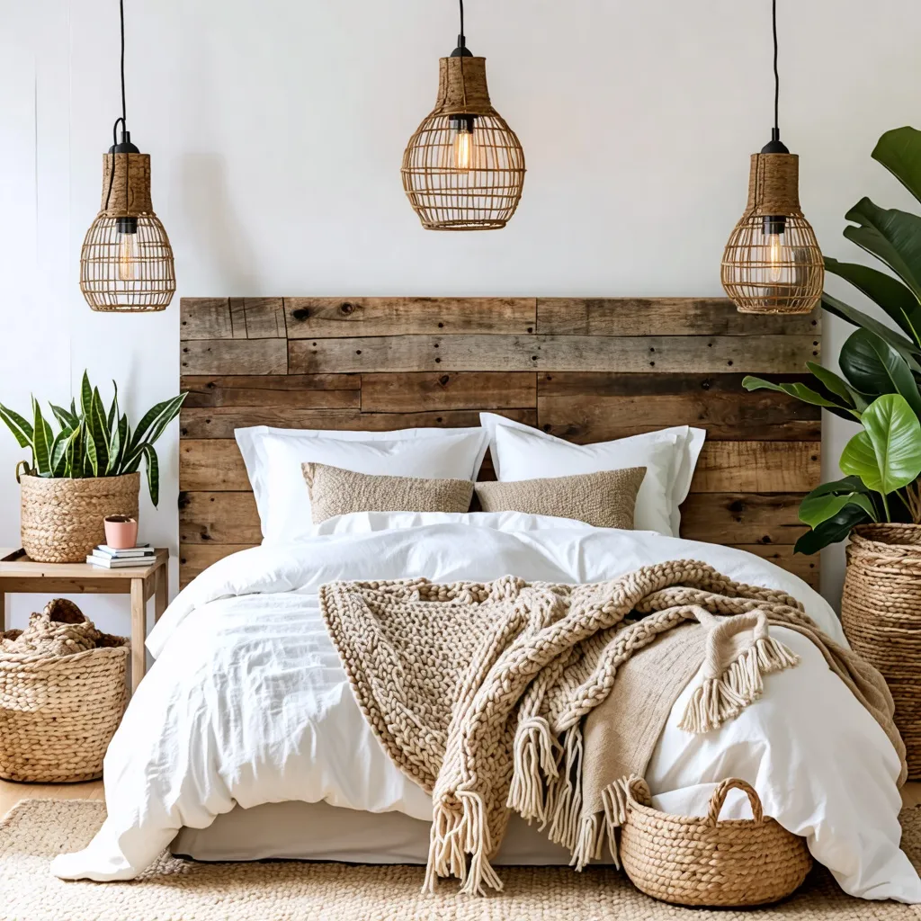 Dormitorio rústico y acogedor con detalles naturales.