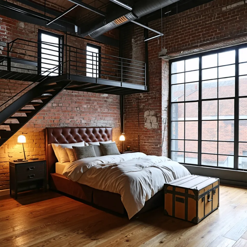 Dormitorio rústico y moderno con paredes de ladrillo y ventanas amplias.