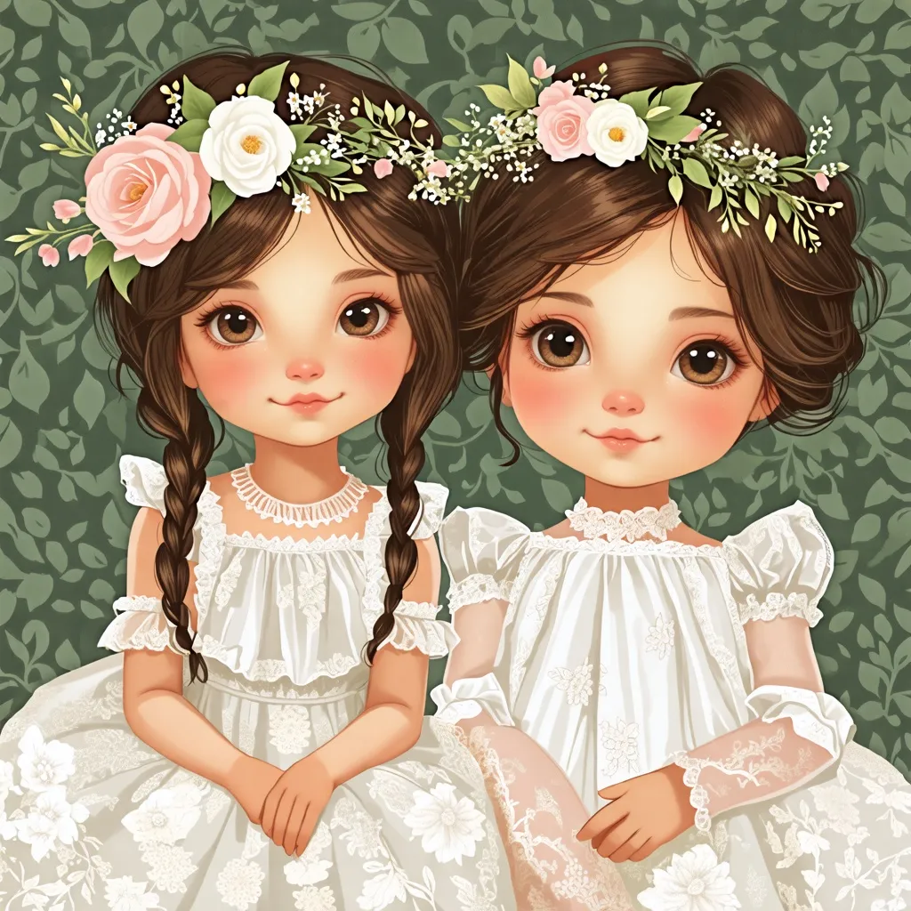 Dos niñas en vestidos blancos con coronas de flores.