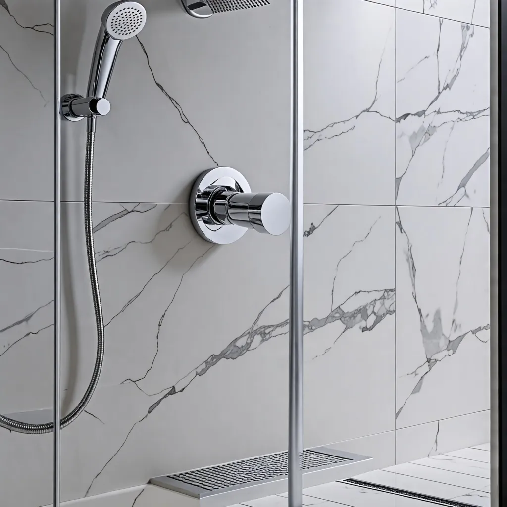Ducha moderna con azulejos de mármol y grifo cromado.