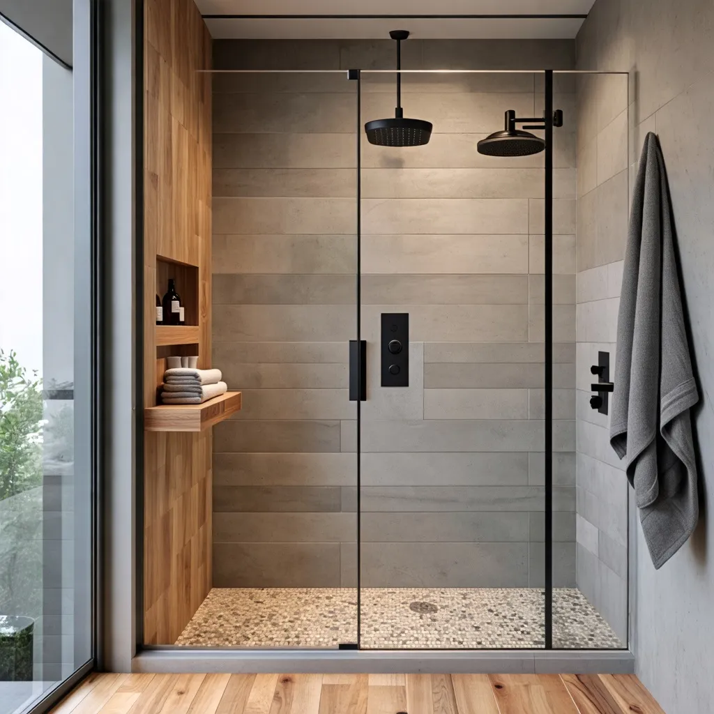 Ducha moderna y elegante con detalles de madera y acabados en negro.