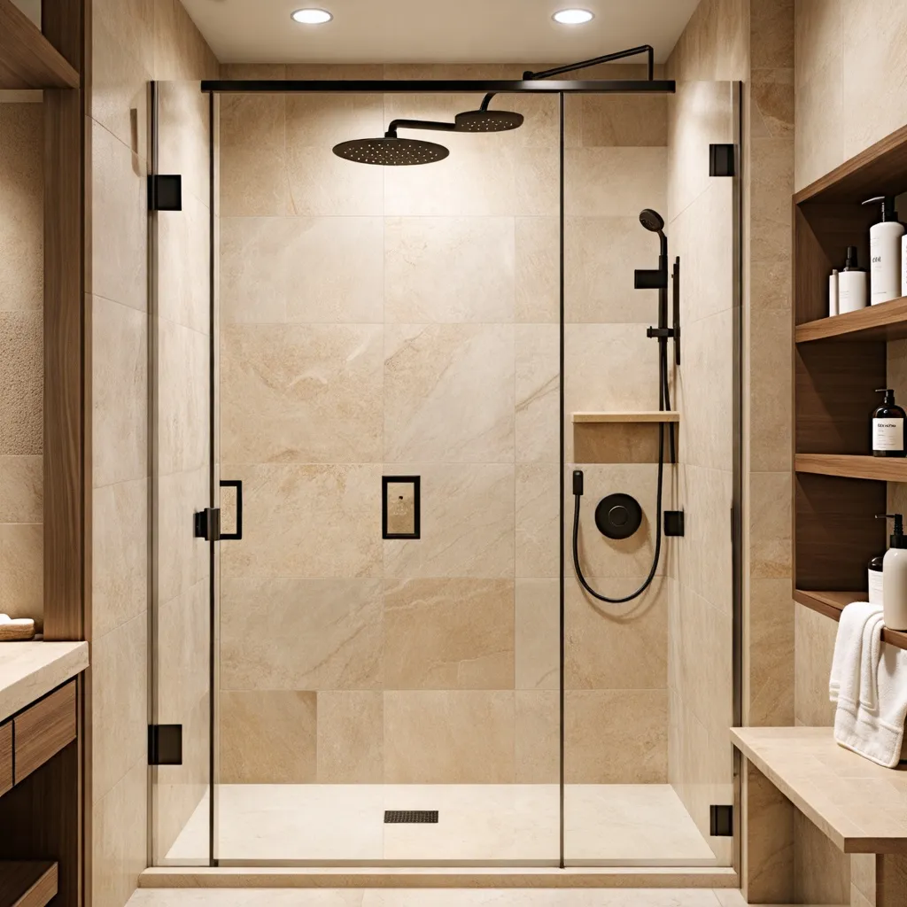 Ducha moderna y elegante con acabados de madera y tonos neutros.