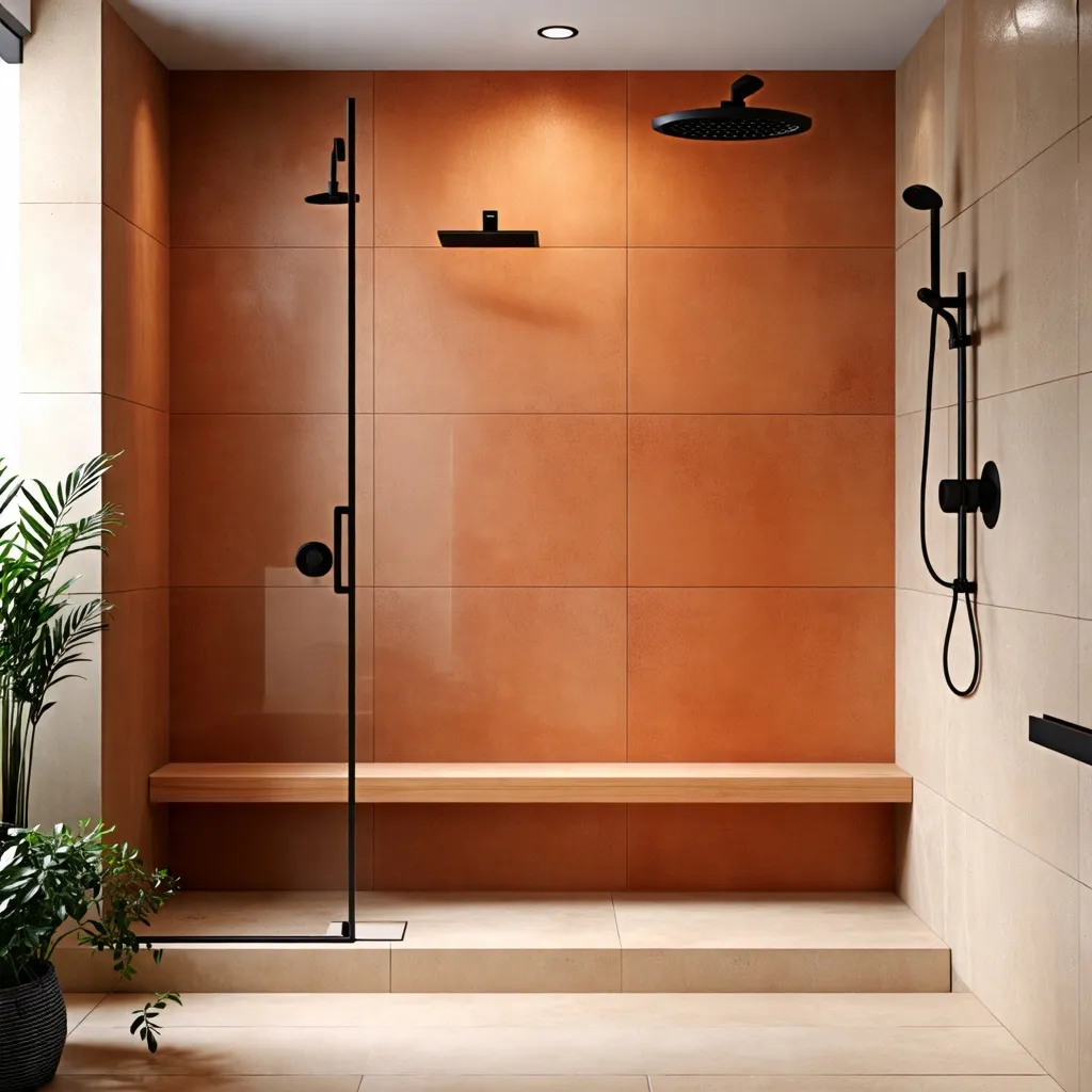 Ducha moderna y elegante en tonos cálidos, diseño minimalista y funcional.