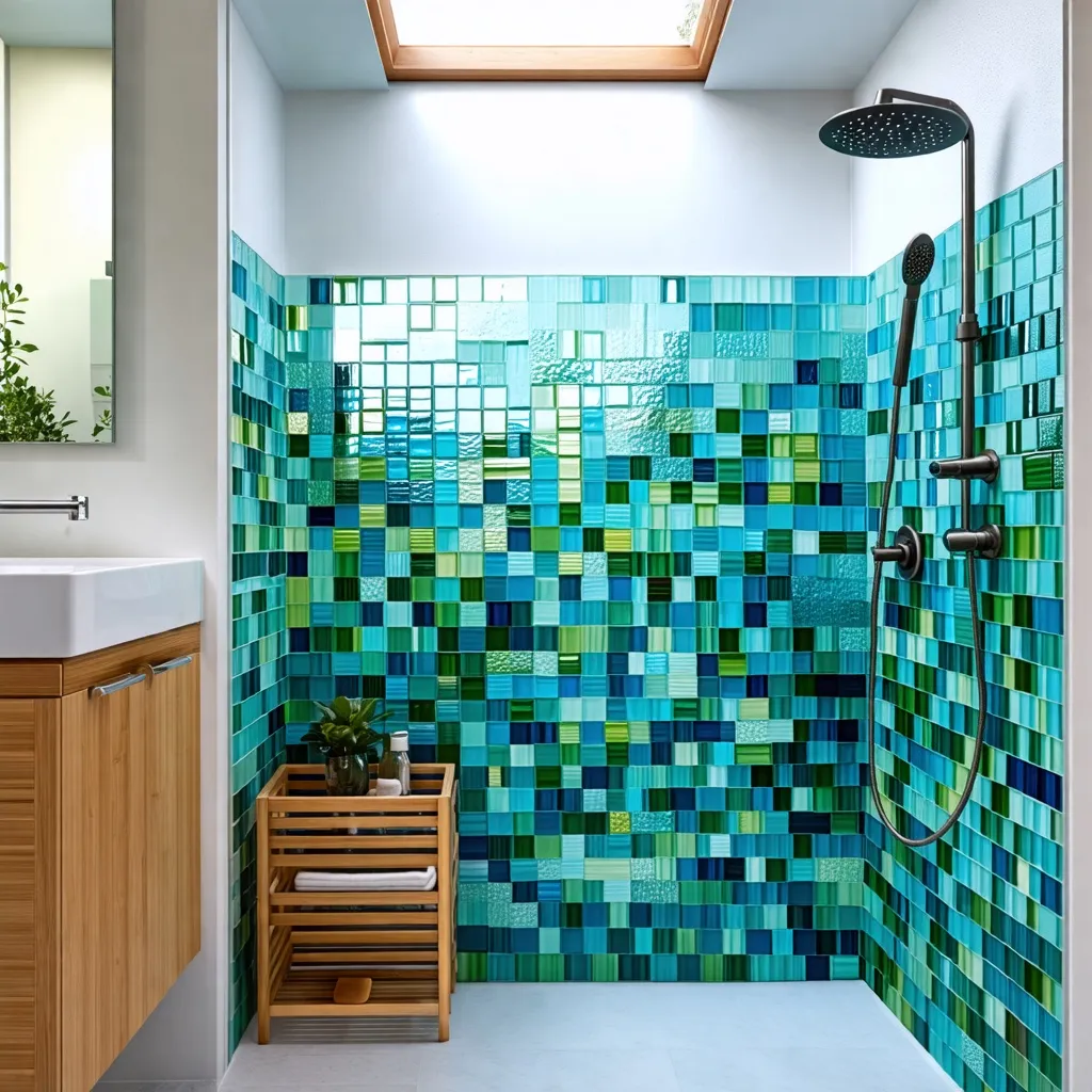 Ducha moderna con mosaicos de colores vibrantes.