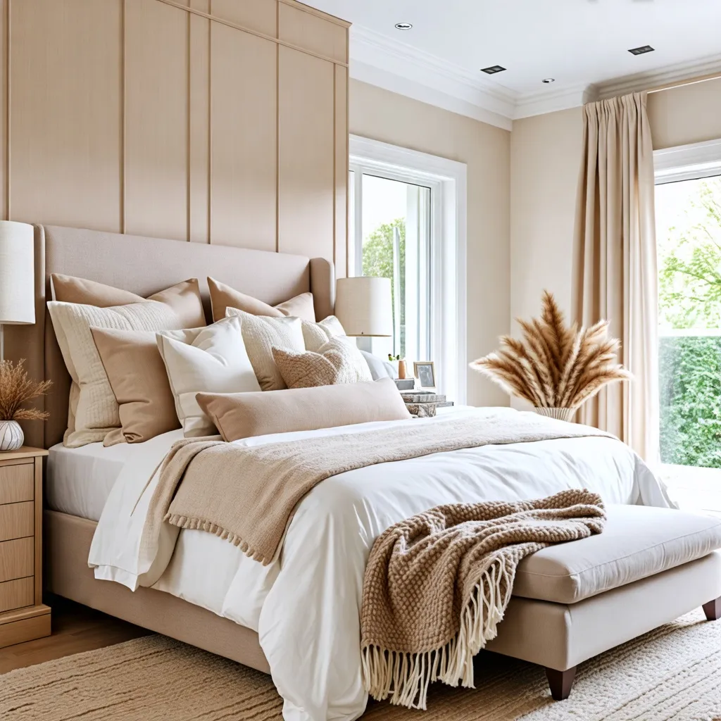 Elegante y acogedor dormitorio con detalles naturales y neutrales.