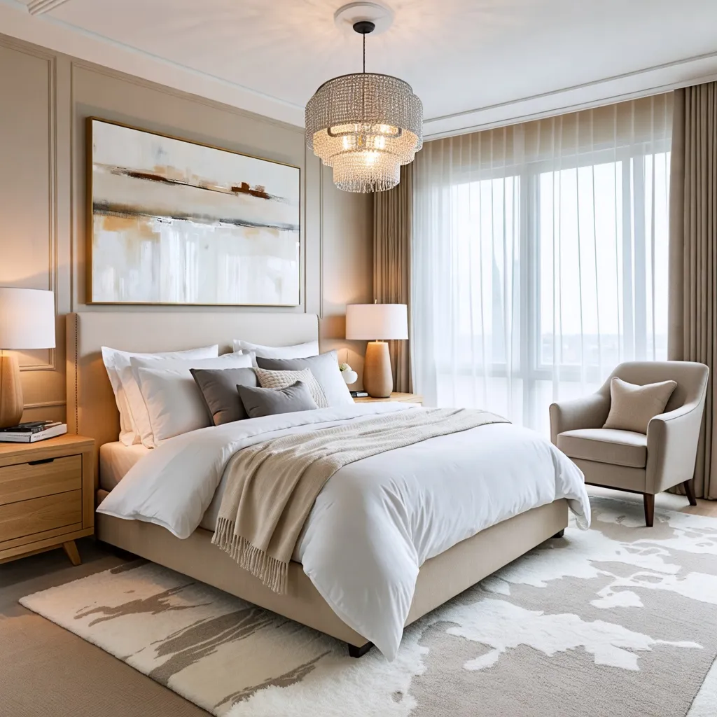Elegante y acogedor dormitorio con iluminación y decoración de lujo.