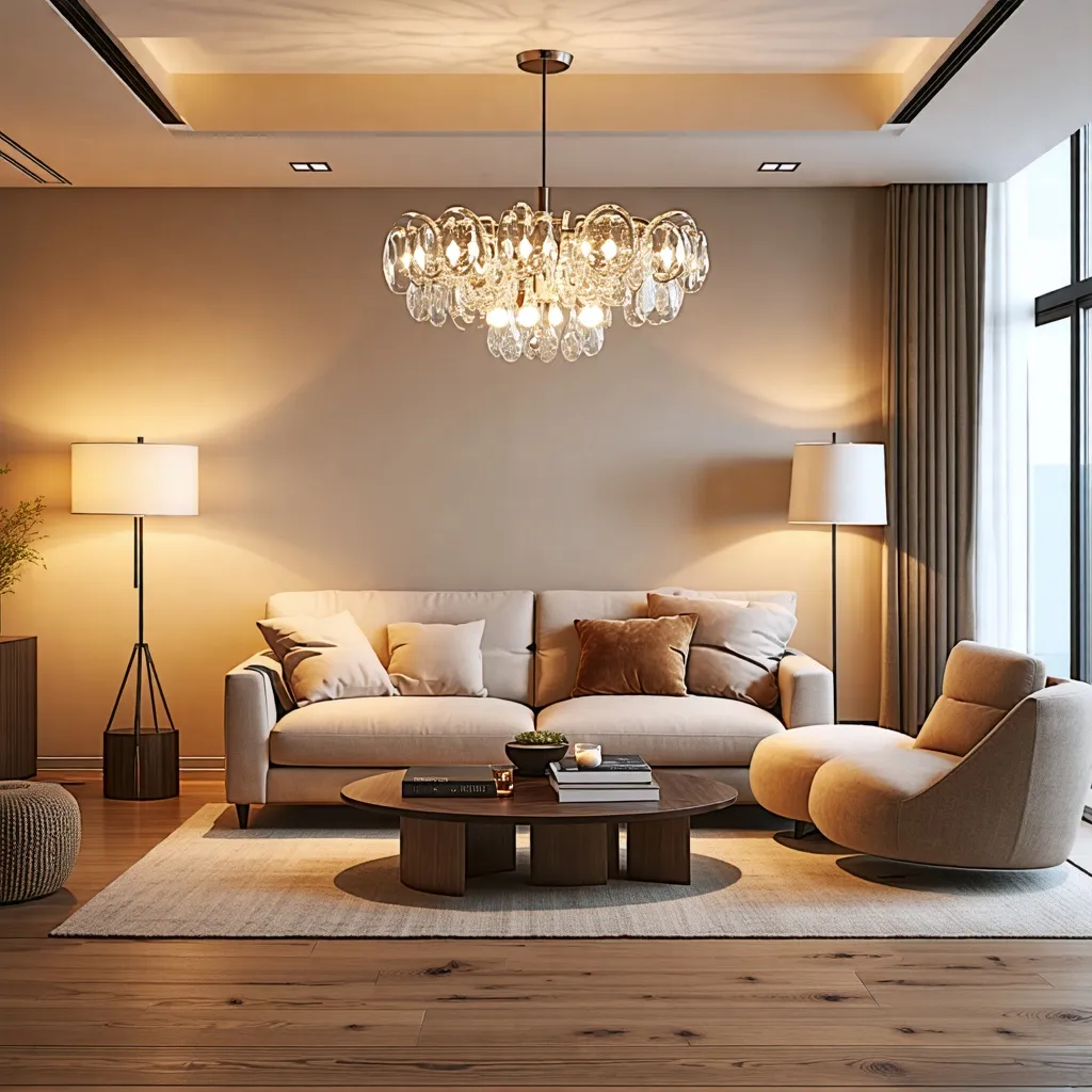 Elegante y acogedor espacio de estar con iluminación cálida y diseño moderno.