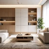 Elegante y acogedor interior moderno con muebles de madera y estantes.