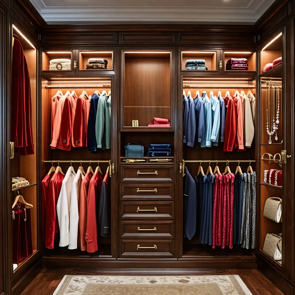 Elegante armario de lujo con ropa y accesorios organizados.
