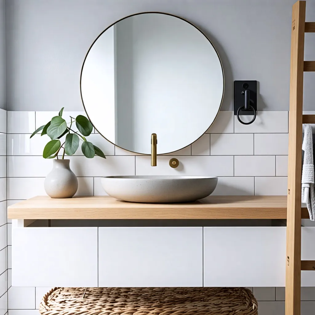 Elegante baño con espejo redondo y encimera de madera.