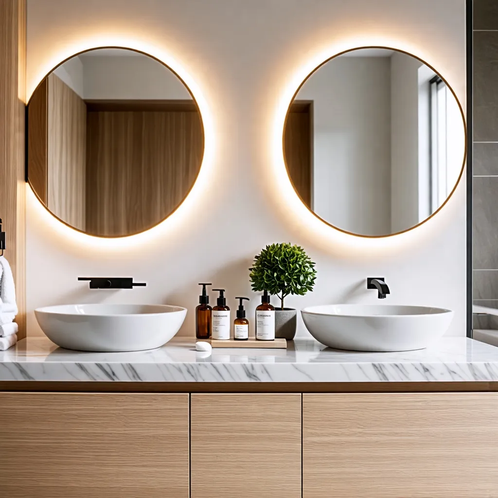 Elegante baño con espejos redondos iluminados y detalles naturales.