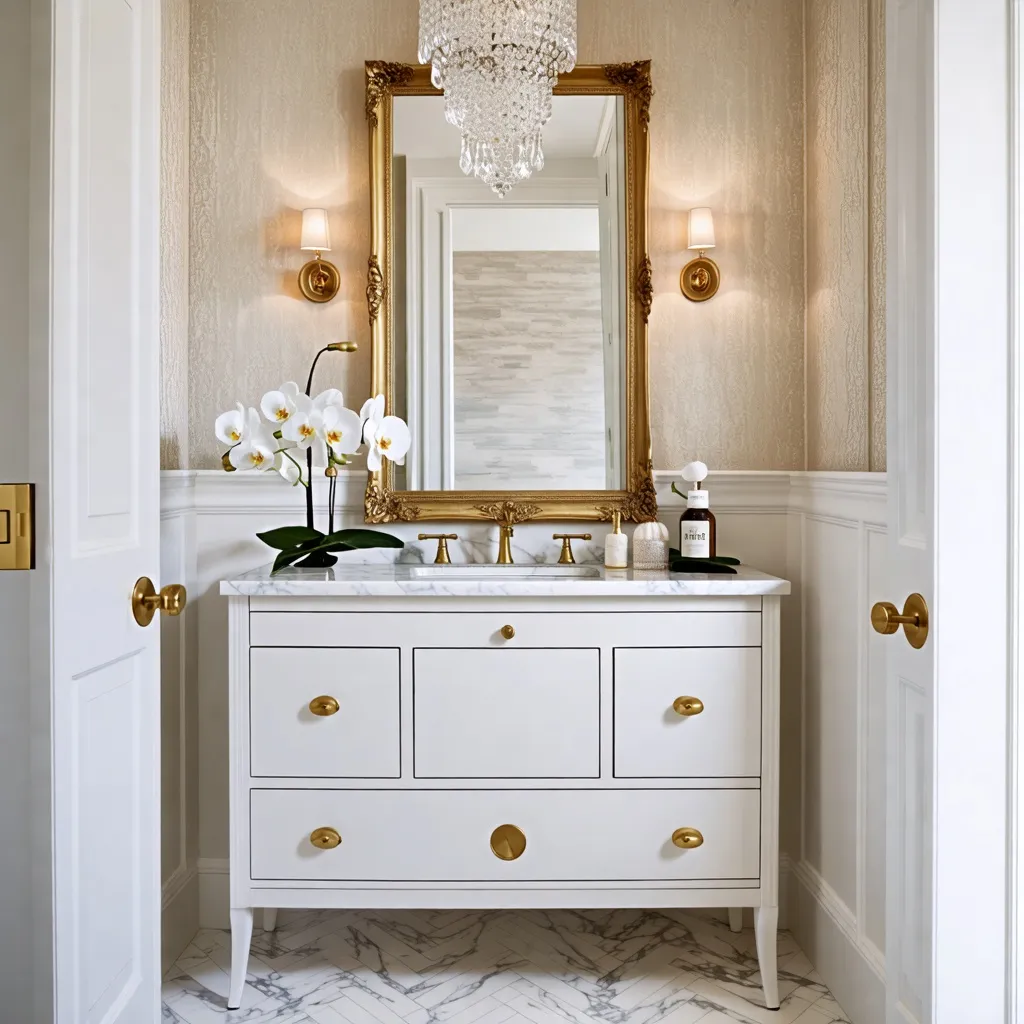 Elegante baño de estilo clásico con detalles dorados.