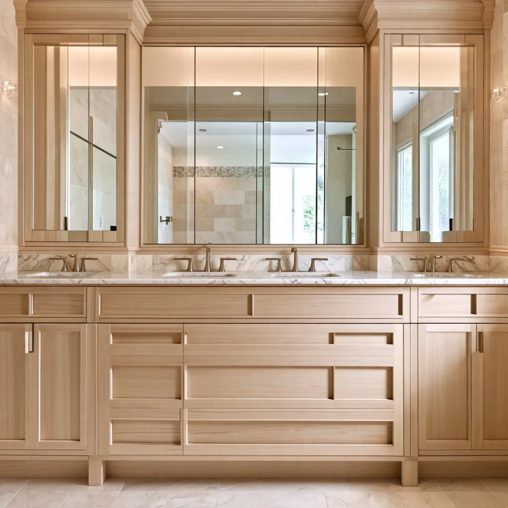Elegante baño de estilo moderno con detalles de madera y mármol.
