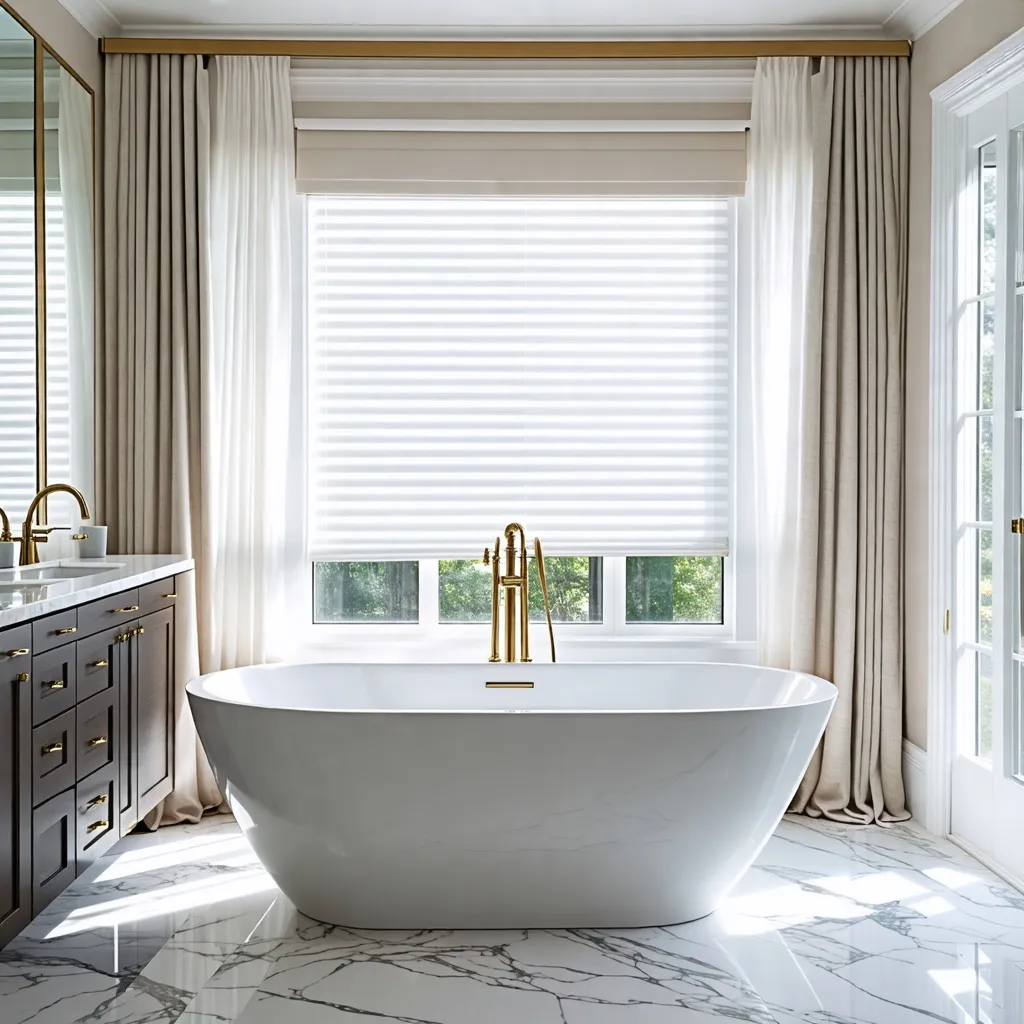 Elegante baño de lujo con bañera y ventana panorámica.