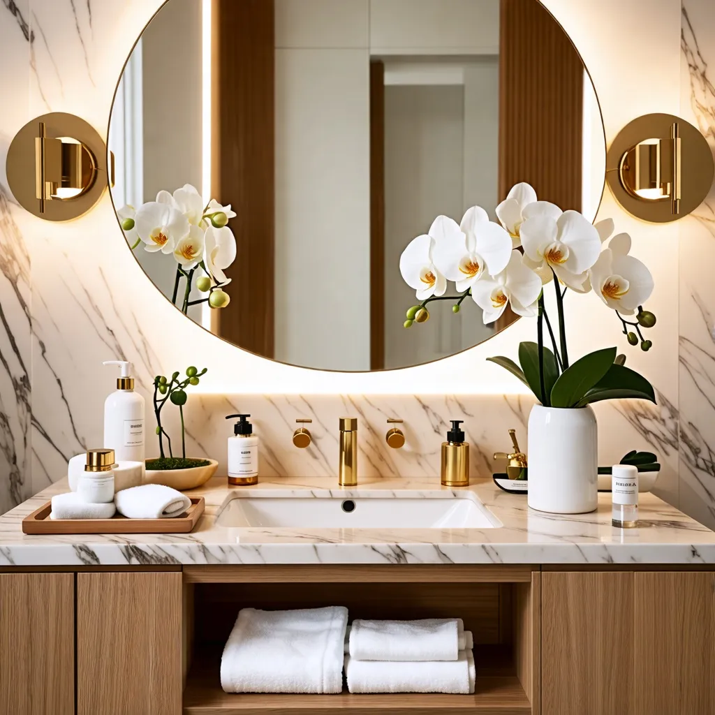 Elegante baño de lujo con detalles dorados y flores blancas.