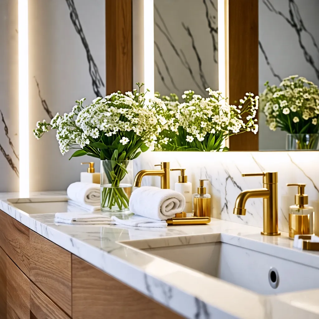 Elegante baño de mármol con detalles dorados y hermosas flores.