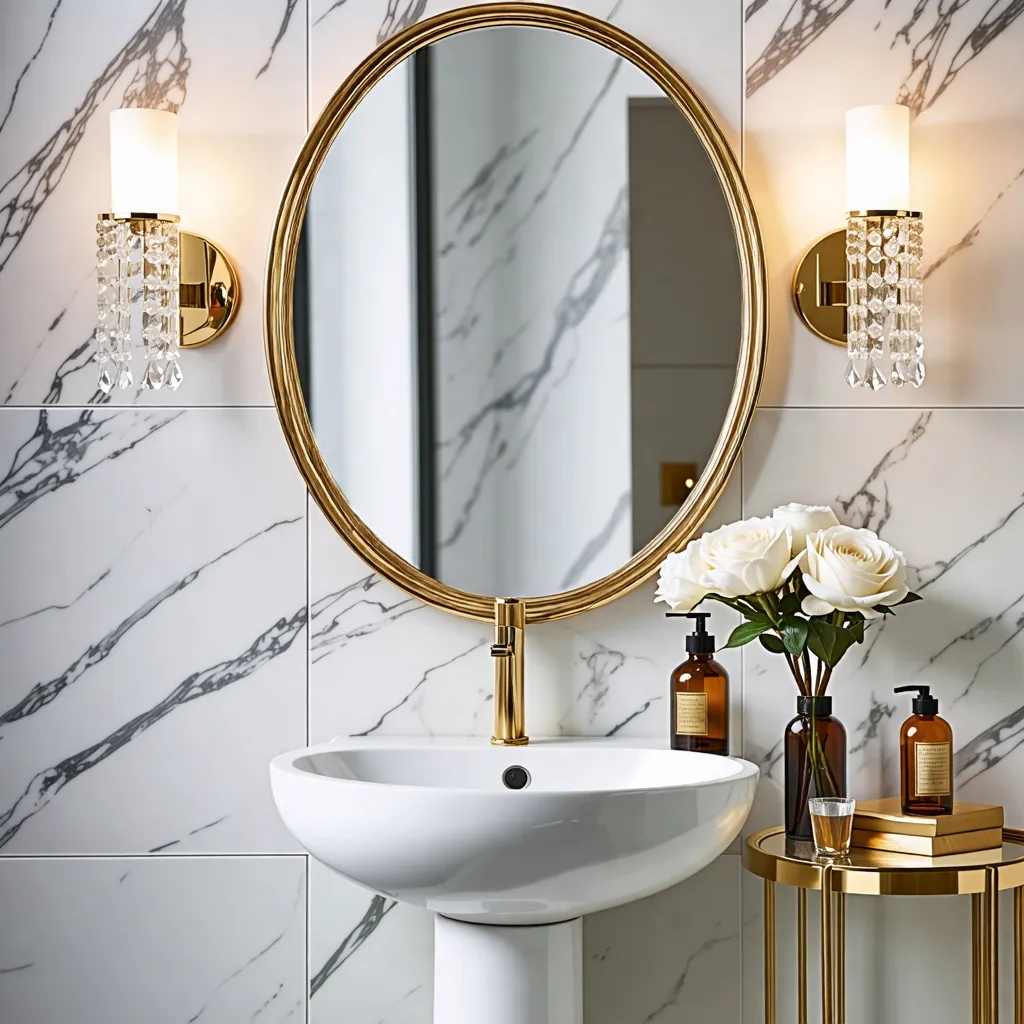 Elegante baño de mármol con espejo dorado y detalles de lujo.