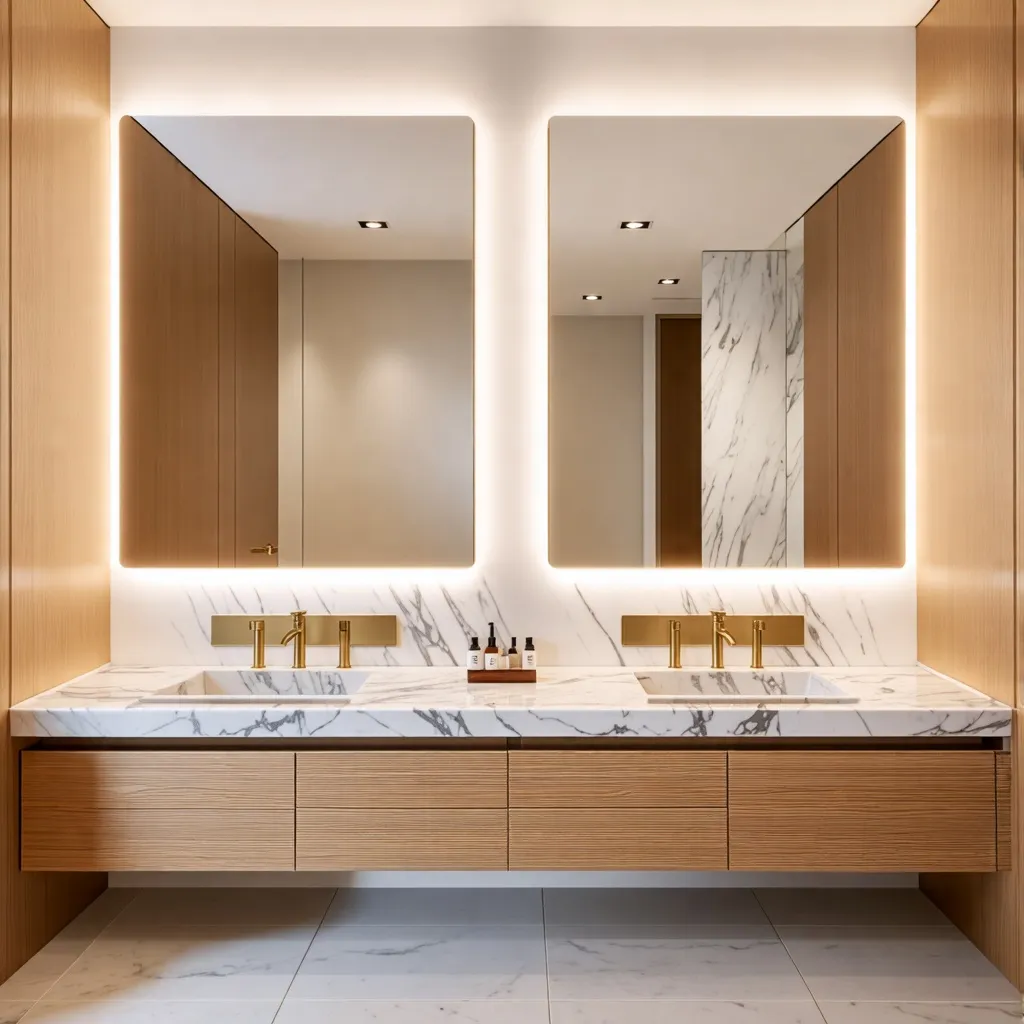 Elegante baño moderno con detalles de madera y mármol.