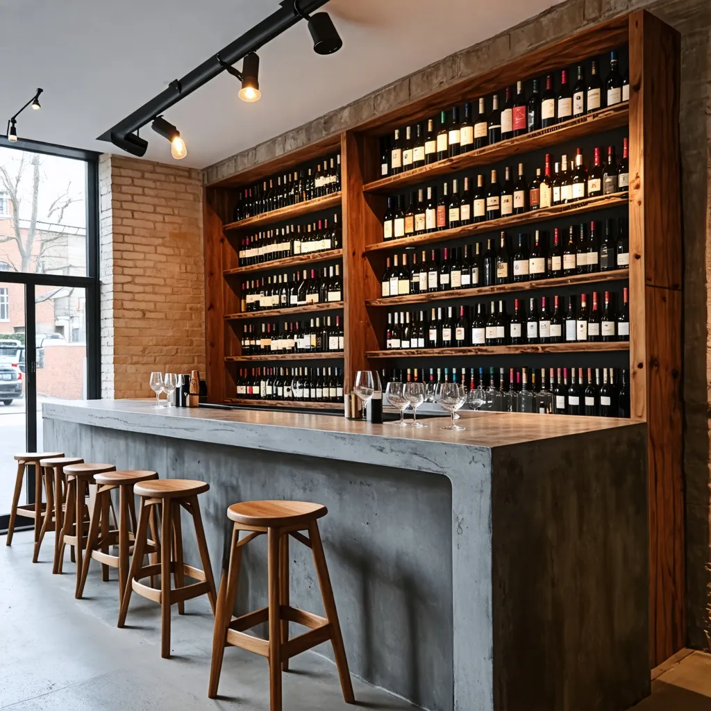 Elegante bar de vinos con estantes de madera y taburetes de madera.