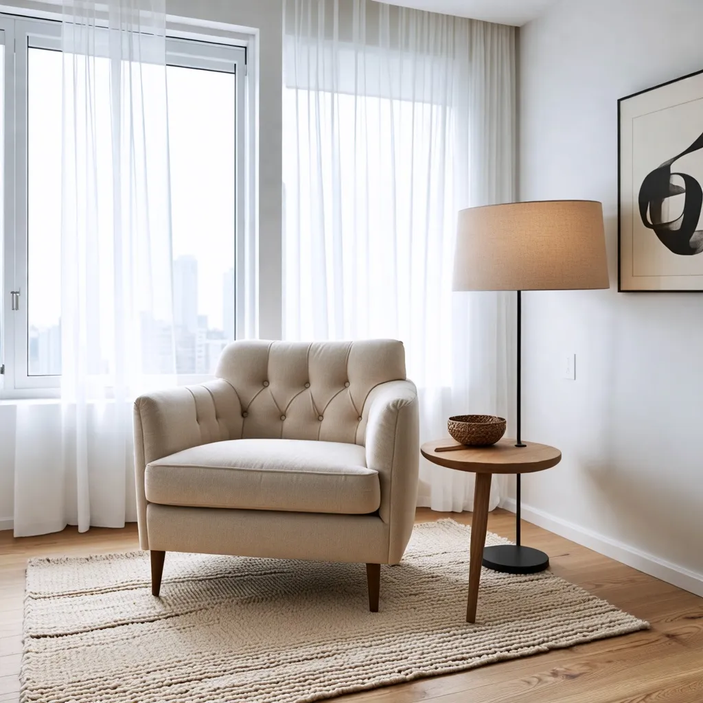 Elegante y cálida sala de estar con detalles modernos.